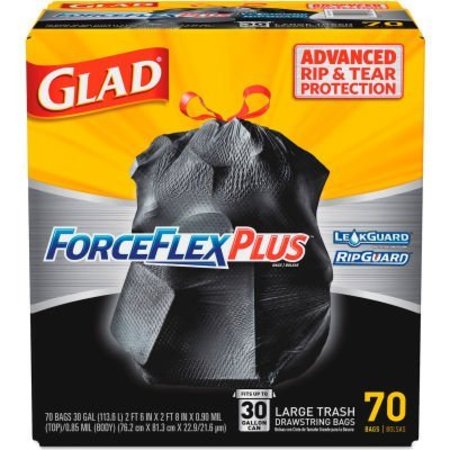 CLOROX Glad¬Æ ForceFlex Plus Outdoor Drawstring Trash Bags - Black, 30 Gal, 1.05 Mil, 70/Box - 70358